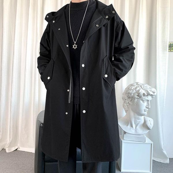 Hommes Trench Coats Printemps Automne Hommes Vestes À Capuche Noir Harajuku Coupe-Vent Poches Pardessus Mâle Casual Outwear Hip Hop Streetwear