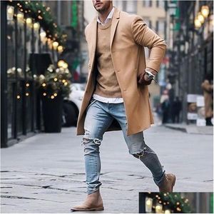 Heren Trench Coats Spring Winter Mens Brand Fleece Blends jas mannelijke overjas casual solide slanke kraag lange katoenen jas streetwear dr dhfce