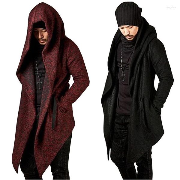 Trenchs pour hommes Steampunk Long Cardigan à capuche Hommes Gothique Irrégulier Rouge Noir Vintage Ouvert Avant Léger Drapé Cape Pardessus