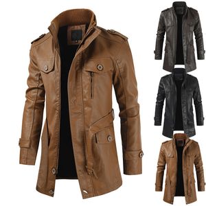 Heren Trenchcoats Streetwear Casual Zakelijke Kleding Leren Jassen Jas Uitloper Mannen Winter Lange Dikke Fleece PU Jas 230828