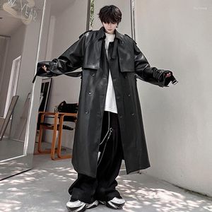 Trenchs d'hommes Yuhgfa Long manteau mi-longueur en cuir Safari Style Niche Design Premium Streetwear tendance mâle Pu coupe-vent