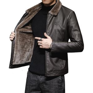 Herengeul Lagen Dikke bruine lederen jas Mens Winter herfst herenjack mode faux bont kraag winddichte warme jas mannen merk kleding 230822