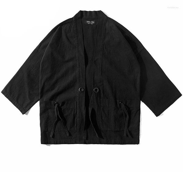 Hommes Trench-Coats Mince Kimono Cardigan Veste Manteau Homme Style Japonais Rétro Coupe-Vent Hommes Lâche Mi Manches Noir Casual CotonHommes Viol2