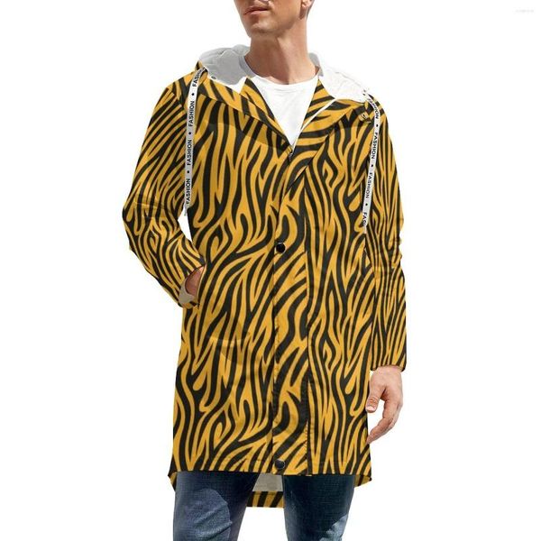 Gabardina para hombre Diseño de estampado de tigre Chaquetas casuales de invierno Rayas doradas Elegante Impermeable Grueso Cálido Largo Recto Cortavientos