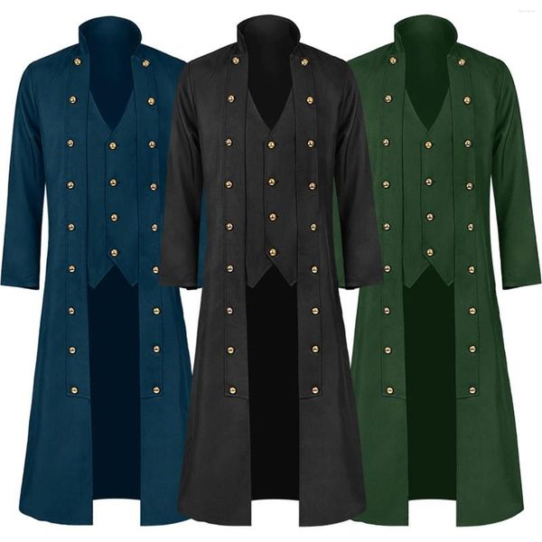 Gabardina para hombre Vintage Medieval Sólido Manga larga Cuello de pie Chaqueta de tres botones Os2 Chaquetas para el otoño