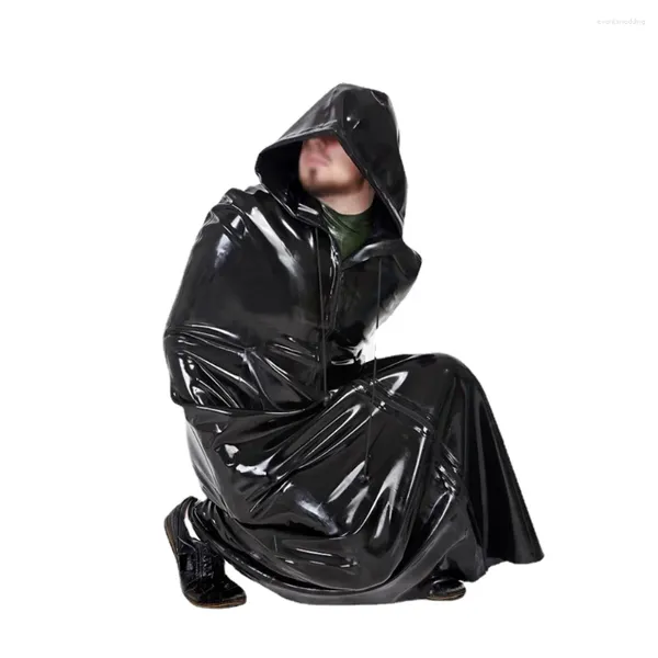 Abrigos de zanjas para hombres Wetlook PVC sin mangas con capucha largo brillante de cuero de imitación con cremallera Bondage Robe Mens Raves Party Cosplay Cloak Club