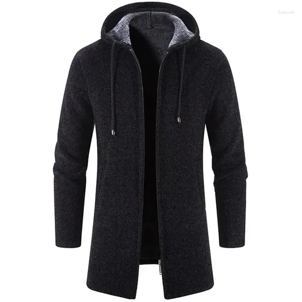 Abrigos de zanjas para hombres Invierno Cashmere Hombres Cardigan Chenille Suéter exterior Cálido Fleece Abrigo Cortavientos Largo con capucha Cremallera Slim Fit Chaqueta