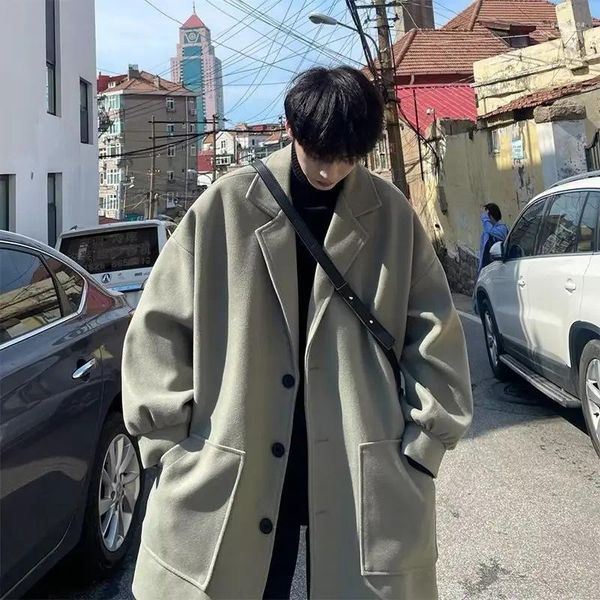Trenchs pour hommes Manteaux d'hiver Long manteau hommes mode coréenne solide laine Techwear lâche veste décontractée 2023 Streetwear pardessus
