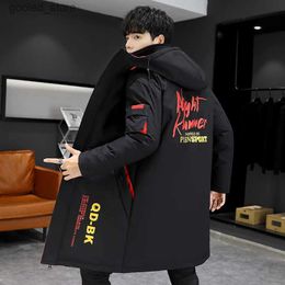 Abrigos de trinchera para hombres Invierno Slim Long Trench Coat Hombres Carta Estilo de impresión Abrigo con capucha Negro Hip Hop Streetwear Otoño Coreano Chaqueta para hombre Q231118