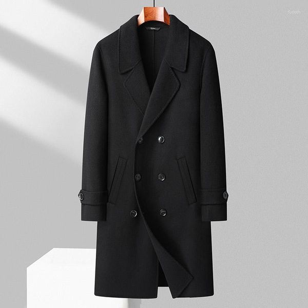 Gabardina para hombre, abrigo de lana, Otoño/Invierno 2023, informal de negocios, abrigo largo de lana con doble botonadura, prendas de vestir, chaqueta cortavientos sólida