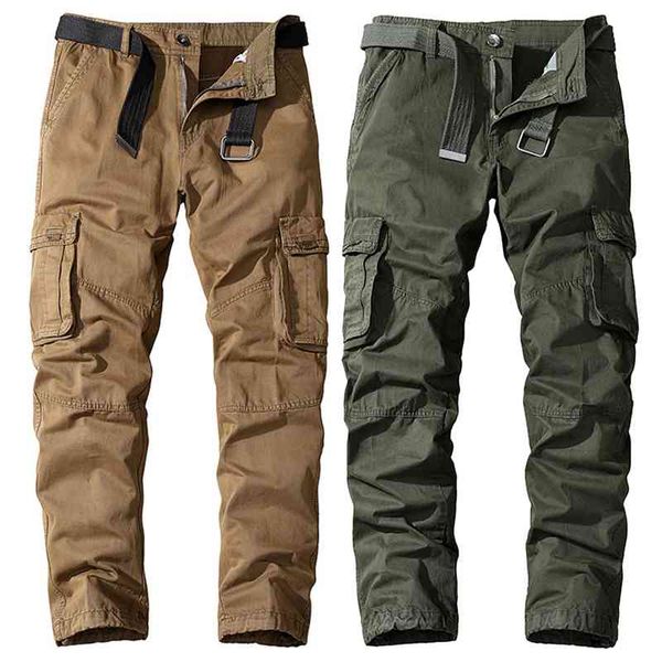 Calças masculinas de algodão sólido calças de carga homens ao ar livre militar tático calças multi-bolsos calças moda roupas masculinas 210406