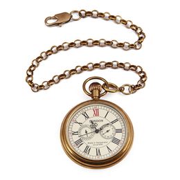 Reloj de bolsillo Vintage de bronce verdadero para hombre, reloj mecánico con cadena, reloj descubierto Manual, bolsillo de hombre de bronce verdadero