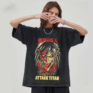 T-shirts pour hommes Anime Attack on Titan Acid Wash T-shirt Noir Graphique Été Hip Hop Tops surdimensionnés pour homme 100% coton Manga Vintage Tees