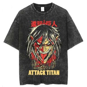 T-shirts pour hommes Anime Attack on Titan Acid Wash T-shirt Noir Graphique Été Hip Hop Surdimensionné Tops 100 Coton Manga Vintage Tees pour Homme 61