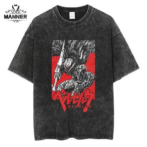 Mannen T-shirts Anime Berserk Vintage Manga Acid Washed T-shirt 100 Katoen Tees Hip Hop Streetwear Korte Mouwen Trend Grafische Gedrukte Tops 230627