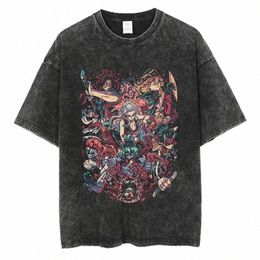 Heren T-shirts Anime Gewassen T-shirt Demon Slayer T-shirt Nezuko Tanjirou T-shirt Oversized 100 Katoenen T-shirts Korte Mouwen Zomer Zwarte Top 230710 b1W3#
