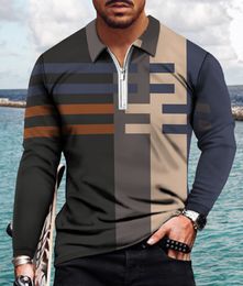 T-shirts pour hommes Casual Printemps Été Polo à manches longues Zipper TShirt Géométrique Épissage Imprimé Vêtements Top Street Golf Clothi 230309
