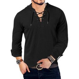T-shirts pour hommes mode t-shirt à capuche à manches longues coton Henley t-shirt médiéval à lacets col en V hauts d'extérieur lâche décontracté 220915