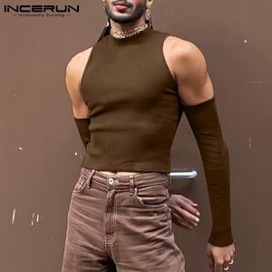 Camisetas para hombre INCERUN, camiseta para hombre, Color sólido, cuello alto, manga larga, hombros descubiertos, Camisetas informales, ropa informal con agujeros, Tops cortos sexis 230329