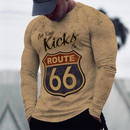 Camisetas para hombre Camiseta de manga larga con estampado 3D Camiseta informal de algodón vintage Camiseta vintage Route 66 Camiseta deportiva suelta Ropa de cuello redondo 5xl 240123