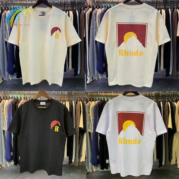 T-shirts pour hommes T-shirts pour hommes Hip Hop Lâche Moonlight Rhude Tshirt Hommes Femmes Tags Coton Coucher de Soleil Impression Blanc Abricot Top Tee