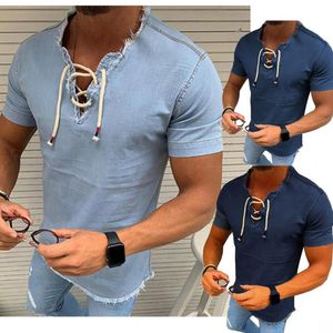 Heren t -shirts heren vneck t -shirt hol uit kant -up shirt casual korte mouw wassen vintage denim blouse fitness bodybuilding tops 230410