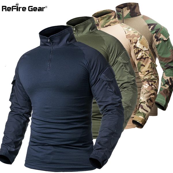 Camisetas para hombres ReFire Gear Army Combat Shirt Hombres Camisa táctica de manga larga Camisa militar de algodón sólido Hombre Azul marino Caza Airsoft Camisas 230325
