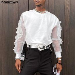 Heren t -shirts t -shirt mesh patchwork oneck streetwear lange mouw ruches casual camisetas losse sexy kleding s5xl Incerun 7 230110