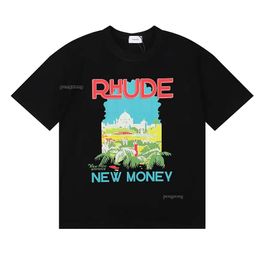 Heren T-shirts T-shirts Rhude New Money Vensterbank T-shirt Landschapsprint High Street Katoen en dames losse T-shirt met korte mouwen Top 597