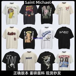 Uyi Heren T-shirts Saint Michael Zomer Amerikaanse Print Verontruste Korte Mouw Sta Klein Modemerk Paar Losse T-shirt voor Mannen