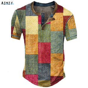 T-shirts pour hommes Waffle Henley T-shirts surdimensionnés Homme Chemise Graphic Plaid Color Block Vêtements Vêtements Impression 3D Bouton à manches courtes Mode 230627