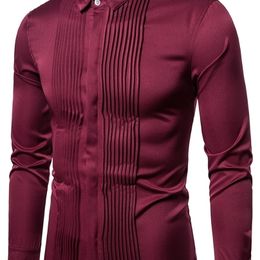 Mannen Tuxedo-shirts voorkant geplooide solide jurk slim fit lange mouw blouse gentleman groomsman party bruiloft tops zwart rood wit 220401