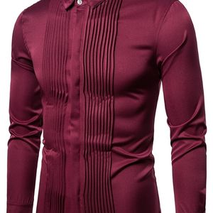 Chemises de smoking pour hommes Robe unie plissée à l'avant Slim Fit Chemisier à manches longues Gentleman Groomsman Party Tops de mariage Noir Rouge Blanc 220322