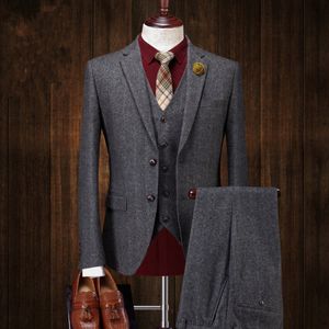 Heren twee knoppen wollen tweed suite vest broek 3 pc's donkergrijs aangepaste pakken bruiloft smoking tuxedos pak jas vest broeken 202i
