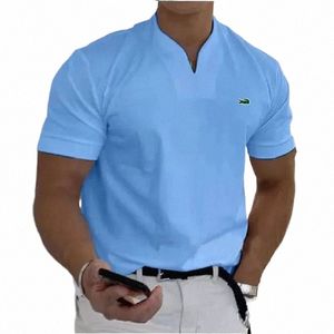 Polo à col en V pour hommes de haute qualité Cott broderie printemps / été nouveau t-shirt à manches courtes en vrac sport décontracté haut respirant E5VF #