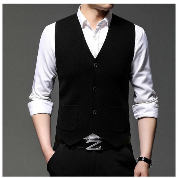 Cardigan tricoté sans manches pour hommes, col en v, avec poches, pull ajusté à trois boutons, gilet adapté aux affaires