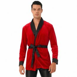 Veet Kimo Peignoirs pour hommes Lg Robe de maison à manches avec ceinture Bachelor Smoking Jacket Vêtements de nuit Loungewear Costume de Noël 74Ib #