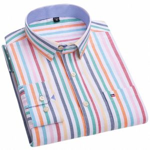 Chemises Oxford Cott à carreaux décontractées polyvalentes pour hommes Poche poitrine unique Manches Lg Coupe standard Chemise rayée à bout à bout J6hl #