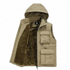 Heren Vest Jas Winter Sleevel Jas Vest Dikke Warme Fleece Werkkleding Tops Cargo Vest Windjack Fi Afneembare hoed 7550 #