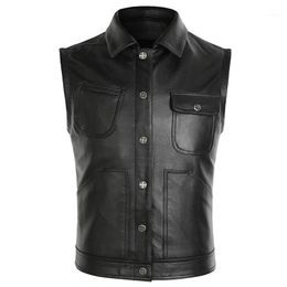 Herenvesten 2021 Zwarte mannen Korte Biker's Leather Plus Size XXXXL EEN SEKELIJKE BORSTEN Echte koehide Spring Slim Fit motorfietsvest1