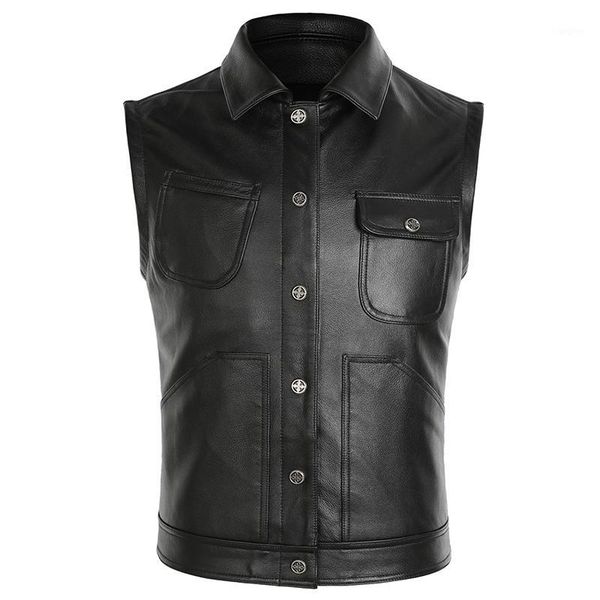 Chalecos para hombres 2021 Hombres negros Cuero de motorista corto Talla grande XXXXL Solo pecho Cuero de vaca genuino Primavera Slim Fit Chaleco de motocicleta1