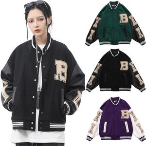 Hommes gilets 2021 Hip Hop hommes Baseball vestes fourrure os Patchwork couleur bloc femmes Harajuku collège Style Bomber manteaux