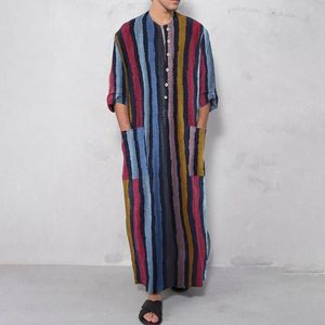 Gilets pour hommes 2021 Hommes Arabe Robes musulmanes Longue Abaya Kaftan Islamique Mode Stripe Patchwork Chemises Vêtements ethniques Robe