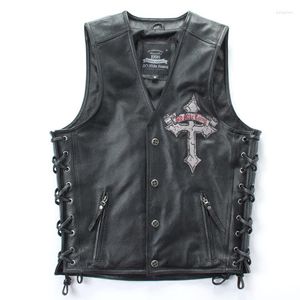 Hommes gilets 2022 mâle noir crâne croix broderie en cuir véritable Slim Fit doux peau de vache Biker gilet Vintage Designer manteaux grande taille