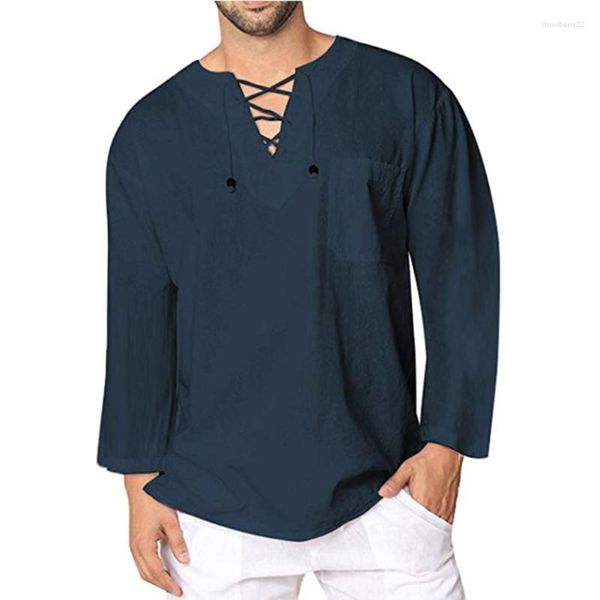 Chalecos para hombre 2022, camisa de lino para hombre, informal, con cordones, manga larga, para playa, Yoga, camisetas holgadas DSA1 Stra22