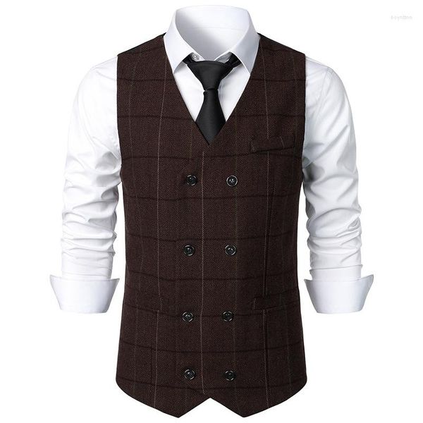 Chalecos para hombres 2023 otoño estilo coreano único rejilla doble pecho traje chaleco hombres casual suelto retro chaleco a cuadros para S-XXL