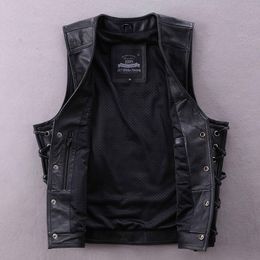 Gilets pour hommes 2023 noir style moto en cuir véritable gilet hommes simple boutonnage grande taille 4XL véritable peau de vache naturelle printemps court mince manteau