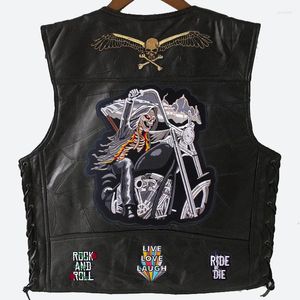 Hommes gilets 2023 broderie hommes en cuir gilet mode MotoBiker sans manches veste Punk rétro Locomotive en peau de mouton quatre saisons manteau