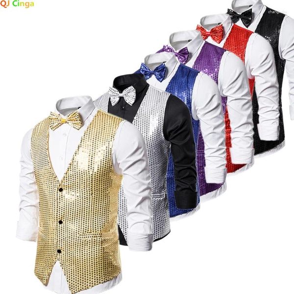 Gilets pour hommes 2023 Gilet à paillettes dorées à simple boutonnage col en V manteau sans manches gilet de fête de mariage argent bleu violet rouge hauts