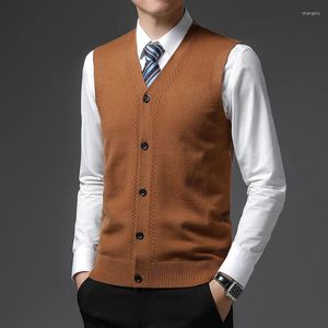 Gilets pour hommes 2023 Version coréenne de couleur unie col en V Slim-Fit Business Gilet décontracté simple sans manches tricot pull cardigan